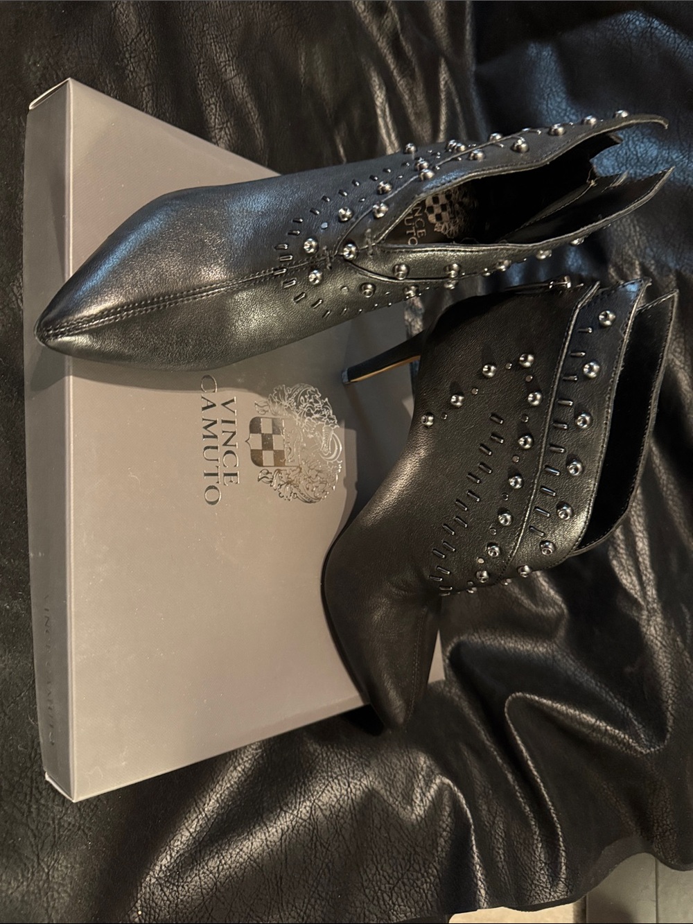 Vince Camuto Black Studded Pointed Leather Ankle Booties